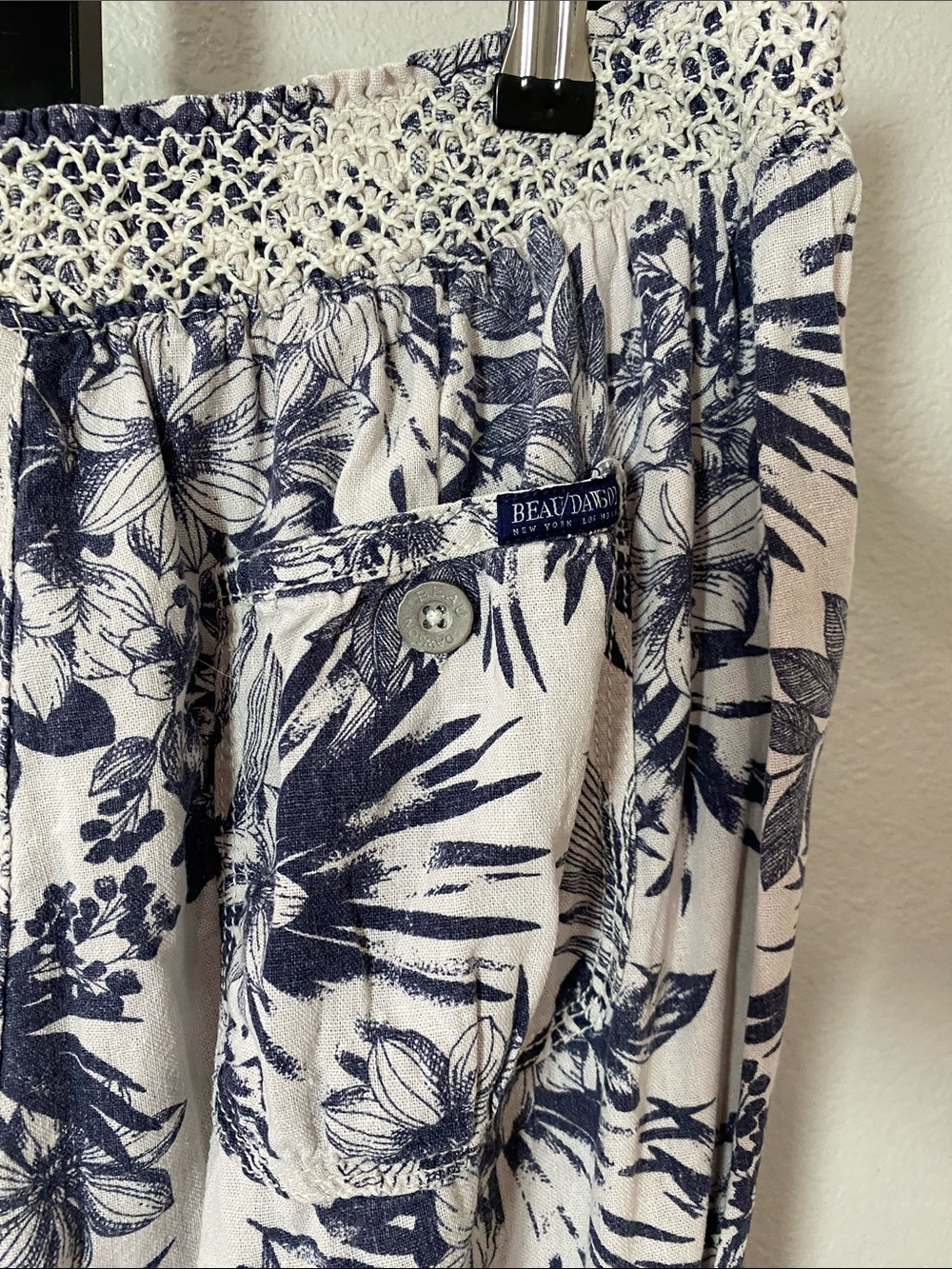 Linen and Rayon Navy Floral Beachy Smocked Waist Wide-Leg  pants - Picture 8 of 11